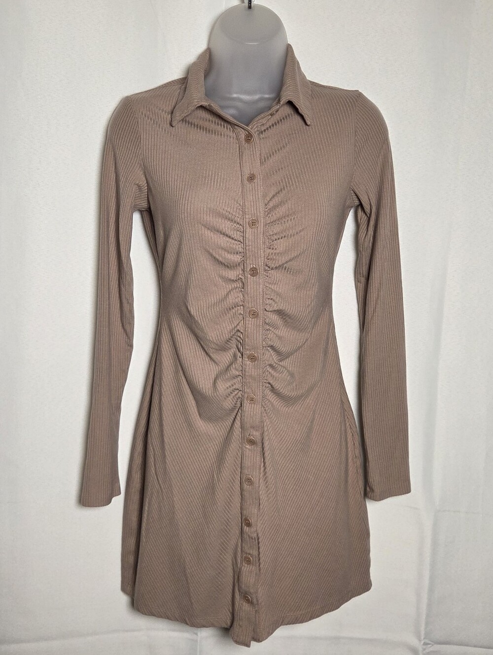 Reformation Amy Knit Dress Beige Tan Button Body Con Women's Small Long Sleeve - Picture 2 of 7